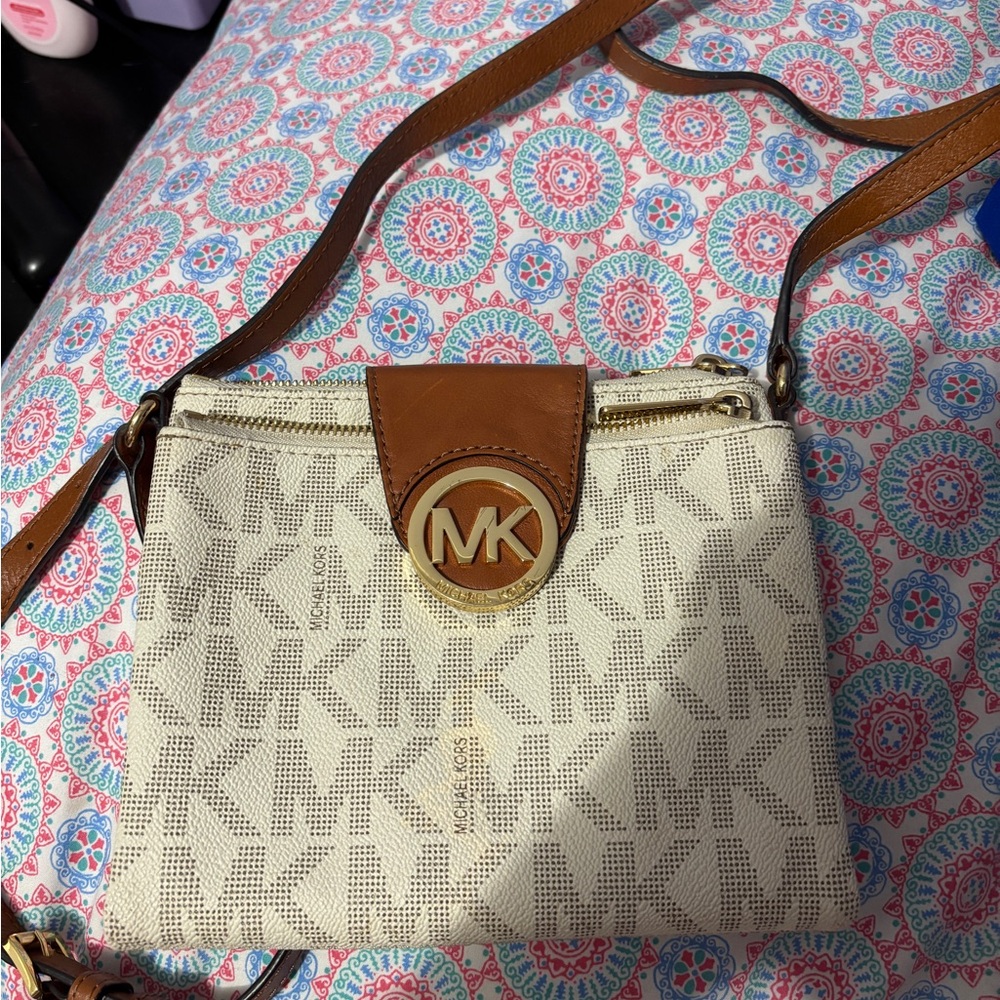 Michael Kors Logo Crossbody Bag in Cream and Brown
